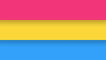 A rectangular flag with three equal width horizontal stripes: pink, yellow, blue