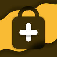 A blurry glass-style logo of a black, slightly transparent handbag on a yellow background, with waves on the top left and bottom right corners.